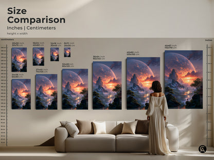 Size comparison of sci-fi art prints featuring an alien planet landscape. See how each size transforms your living space. From small to extra-large find the ideal epic fantasy print for your wall decor. Contemporary artwork in deep blue and fiery orange perfect for any room.