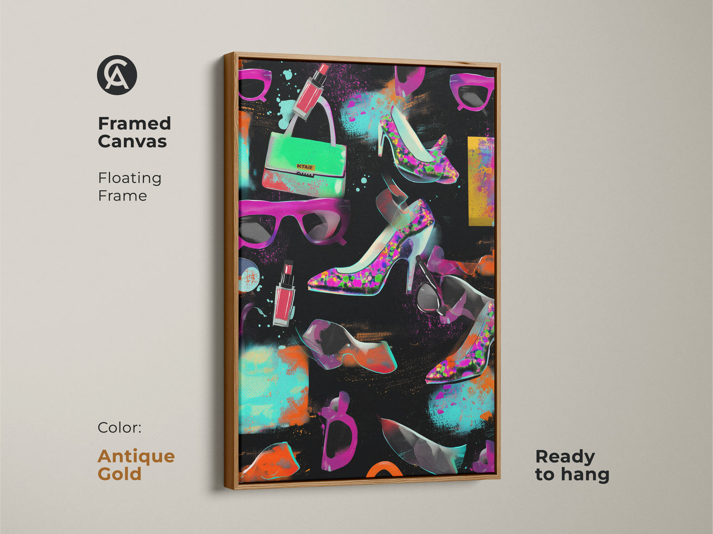Framed canvas pop art print with graffiti high heels and handbag. The antique gold floating frame adds a touch of elegance. Ready to hang in a glam room. This eclectic fashion artwork features magenta orange and teal. A luxurious birthday gift for a fashionista.