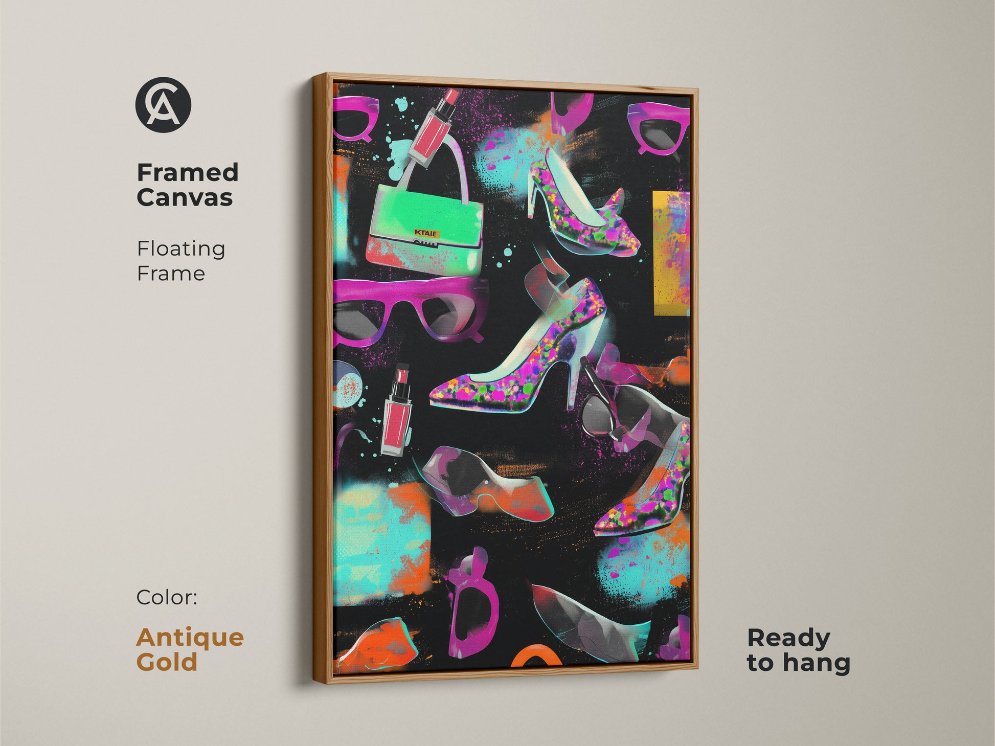 Framed canvas pop art print with graffiti high heels and handbag. The antique gold floating frame adds a touch of elegance. Ready to hang in a glam room. This eclectic fashion artwork features magenta orange and teal. A luxurious birthday gift for a fashionista.