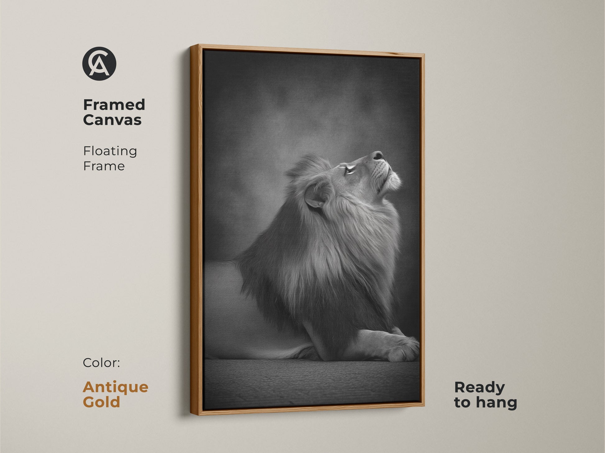 Framed canvas featuring a photorealistic lion in a antique gold floating frame. This monochrome animal artwork is ready to hang. A contemporary lion artwork for bedroom or office decor. Elegant animal art print.