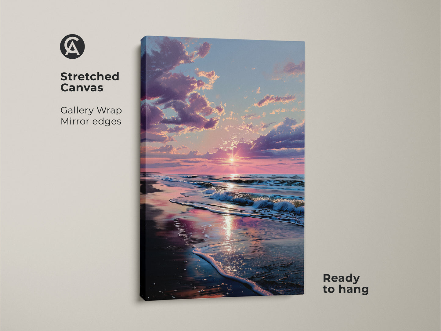 Stretched canvas sunset beach art. Gallery wrapped with mirrored edges. The sun reflects on the wet sand. Ocean waves crash on the beach. This canvas art is ready to hang. Enhance your living space with coastal art.