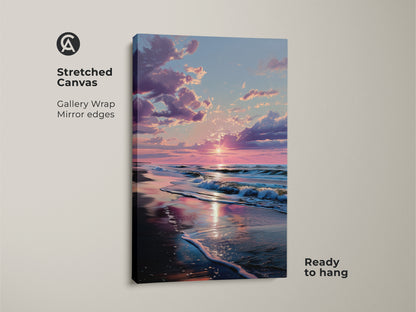 Stretched canvas sunset beach art. Gallery wrapped with mirrored edges. The sun reflects on the wet sand. Ocean waves crash on the beach. This canvas art is ready to hang. Enhance your living space with coastal art.