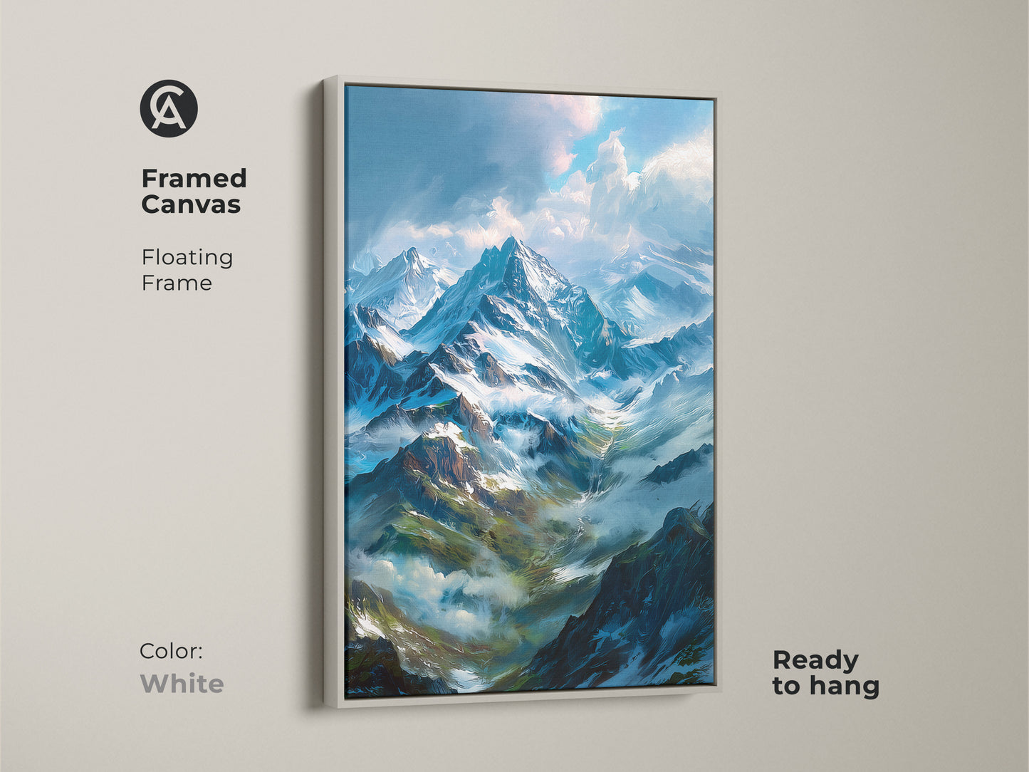 Framed canvas art print featuring a stunning snow-covered mountain landscape. The white floating frame adds a modern touch to this ready-to-hang piece. Enhance your home decor today.