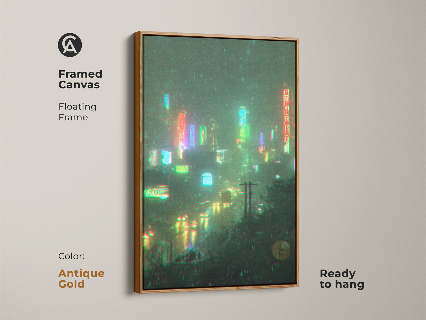 Framed canvas artwork with a floating frame. The antique gold frame adds a touch of elegance. The artwork is ready to hang and enhances any decor. The neon lights reflect on the wet streets. A stunning piece for art lovers.