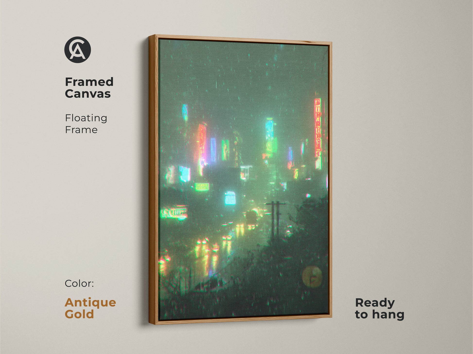 Framed canvas artwork with a floating frame. The antique gold frame adds a touch of elegance. The artwork is ready to hang and enhances any decor. The neon lights reflect on the wet streets. A stunning piece for art lovers.
