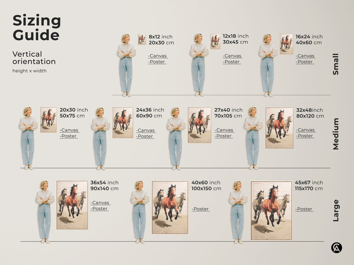Sizing guide for expressionist horse canvas and poster prints. Various vertical orientations are available. Select the ideal size for your terracotta equestrian wall decor needs.