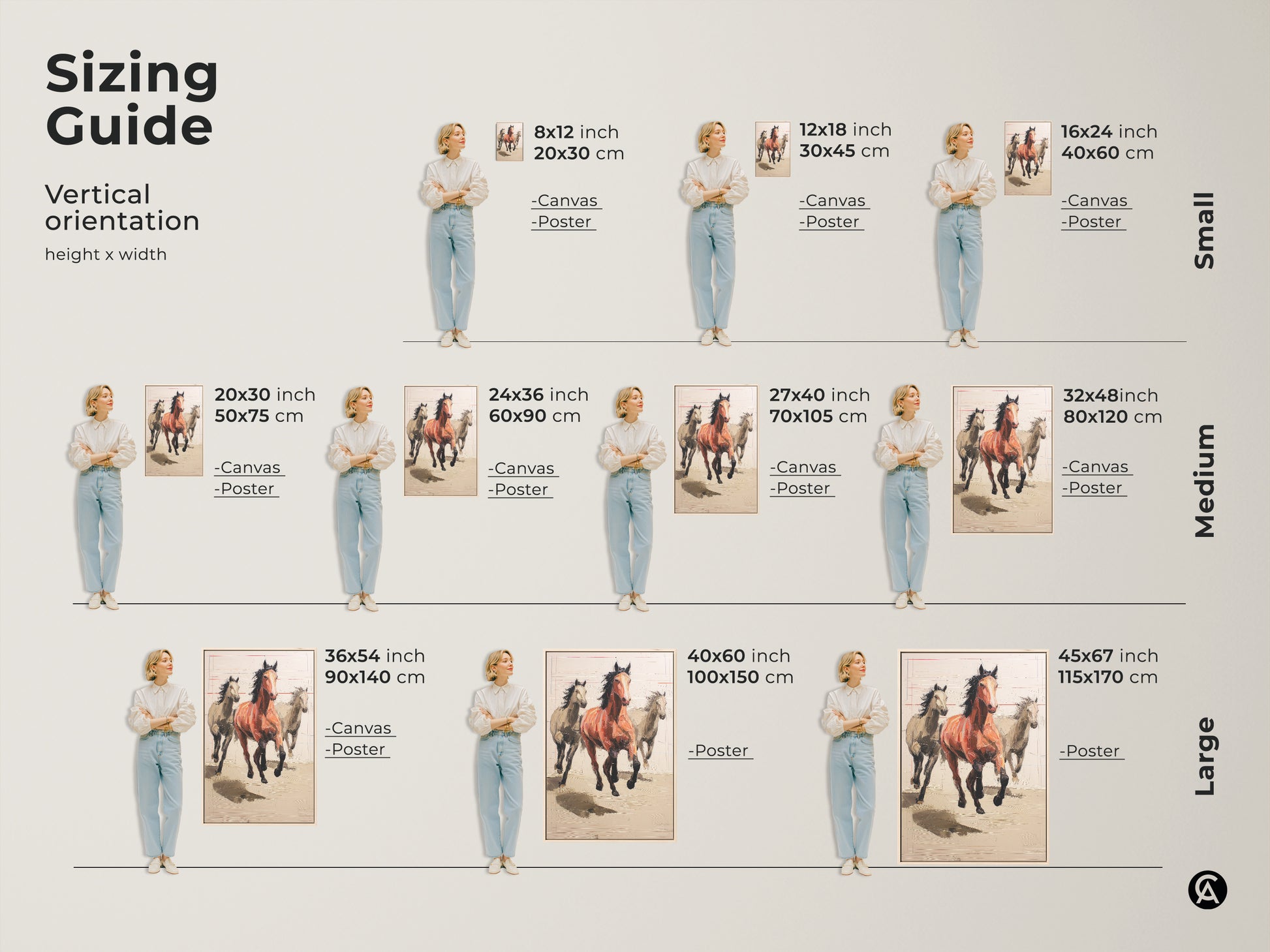 Sizing guide for expressionist horse canvas and poster prints. Various vertical orientations are available. Select the ideal size for your terracotta equestrian wall decor needs.
