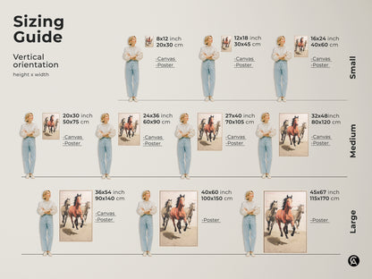 Sizing guide for expressionist horse canvas and poster prints. Various vertical orientations are available. Select the ideal size for your terracotta equestrian wall decor needs.