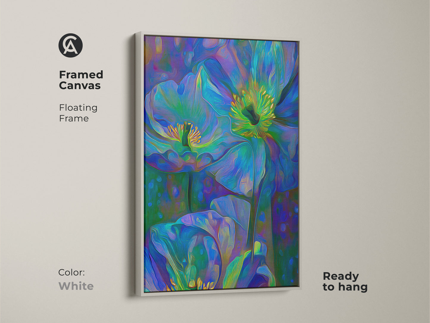 Framed canvas with floating frame showing abstract blue floral art. The teal green poppy anemone painting is ready to hang adding a bohemian style to any room. White frame enhances the nature-inspired artwork creating a impressionistic flower decor.