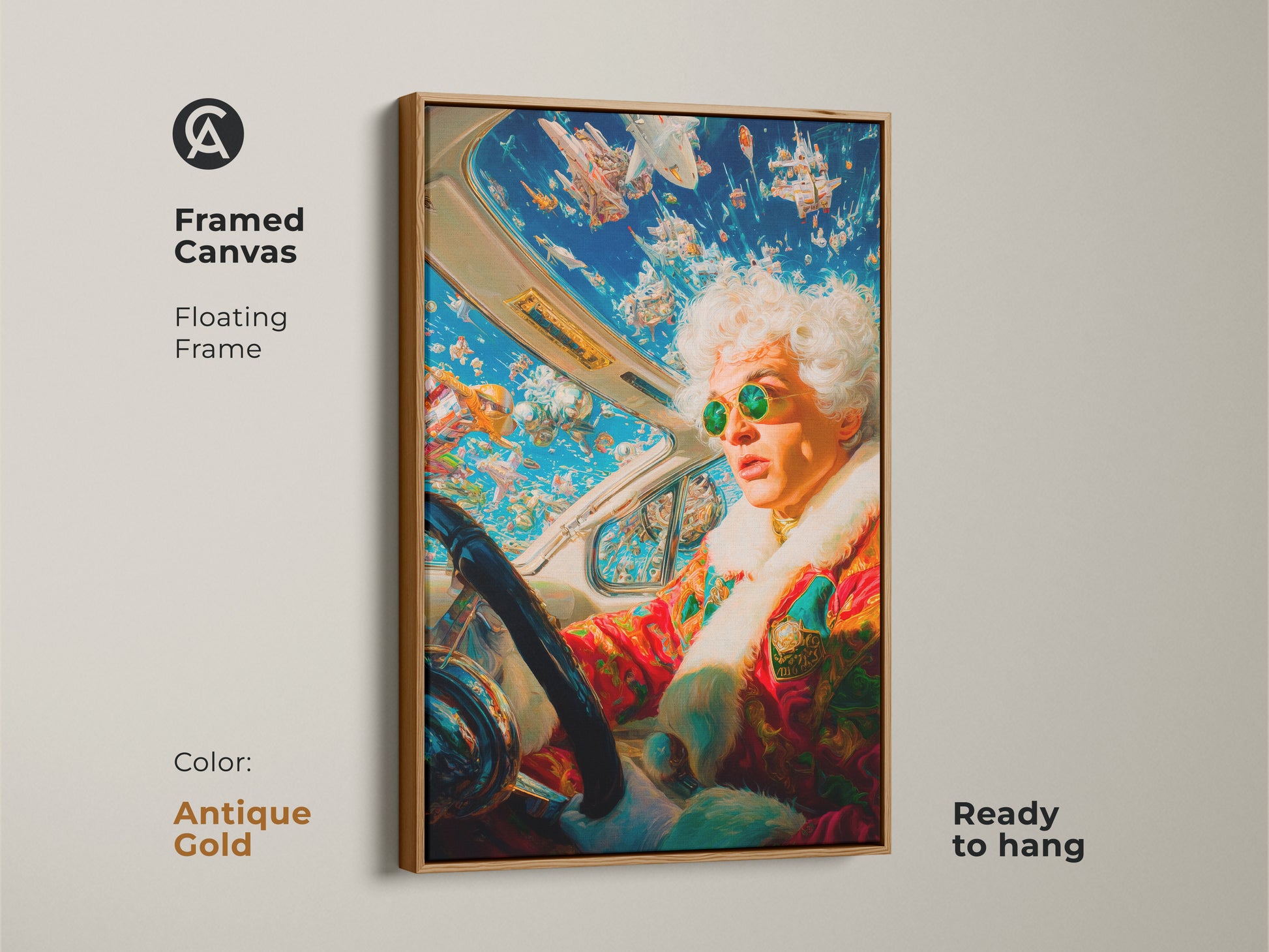 This artwork is available as a framed canvas. It features a person driving a car with spaceships in the sky. The floating frame adds a touch of vintage charm. The antique gold frame enhances the artwork. Ready to hang and display.