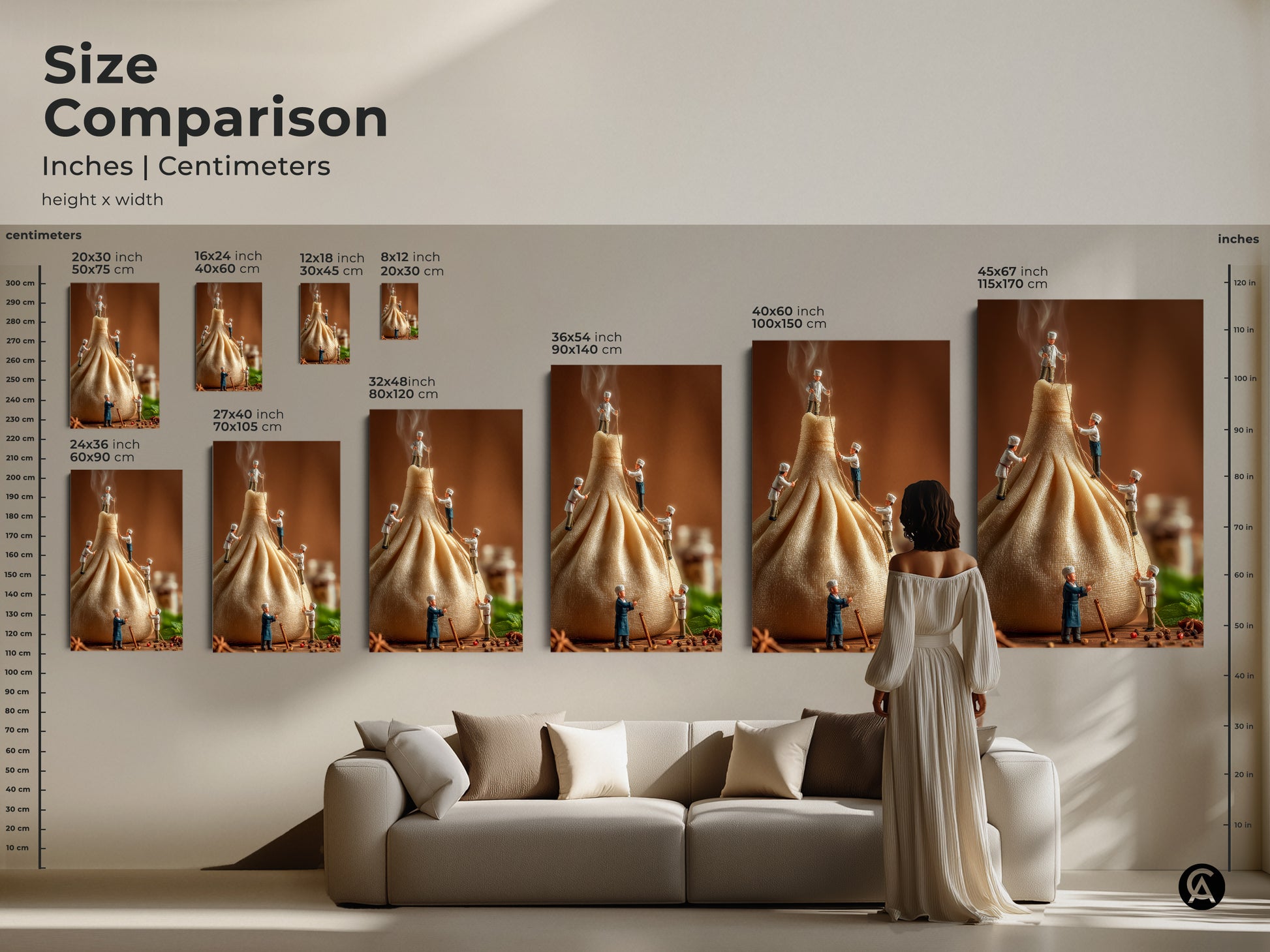 Compare the sizes of this unique culinary artwork featuring miniature chefs and a dumpling. See how different dimensions fit above a couch. Choose the perfect size to enhance your living space with this eye-catching canvas or poster print.