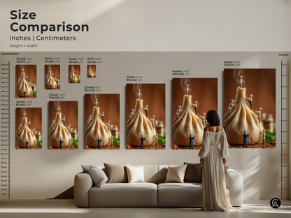 Compare the sizes of this unique culinary artwork featuring miniature chefs and a dumpling. See how different dimensions fit above a couch. Choose the perfect size to enhance your living space with this eye-catching canvas or poster print.