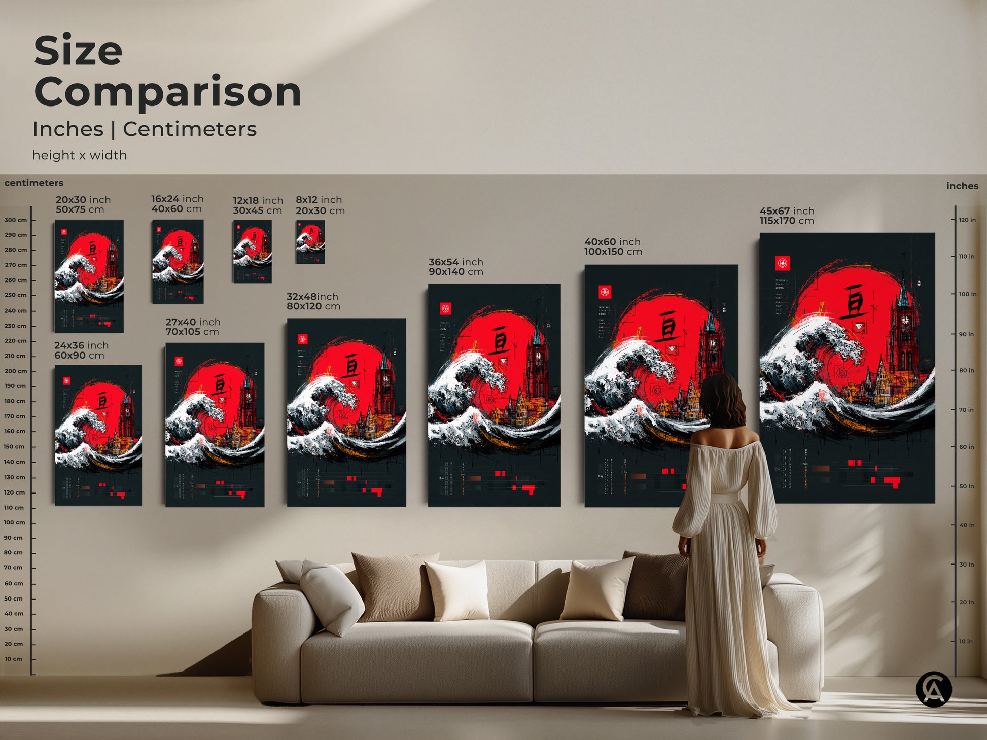 Size comparison of crimson red Ukiyo-e Wave & Gothic Tower artwork. Inches and centimeters are compared. Artwork sizes vary from small to large. This wall art enhances any eclectic home or office space. It is perfect as a travel-themed or housewarming gift for him or her.