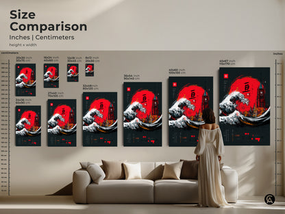Size comparison of crimson red Ukiyo-e Wave & Gothic Tower artwork. Inches and centimeters are compared. Artwork sizes vary from small to large. This wall art enhances any eclectic home or office space. It is perfect as a travel-themed or housewarming gift for him or her.