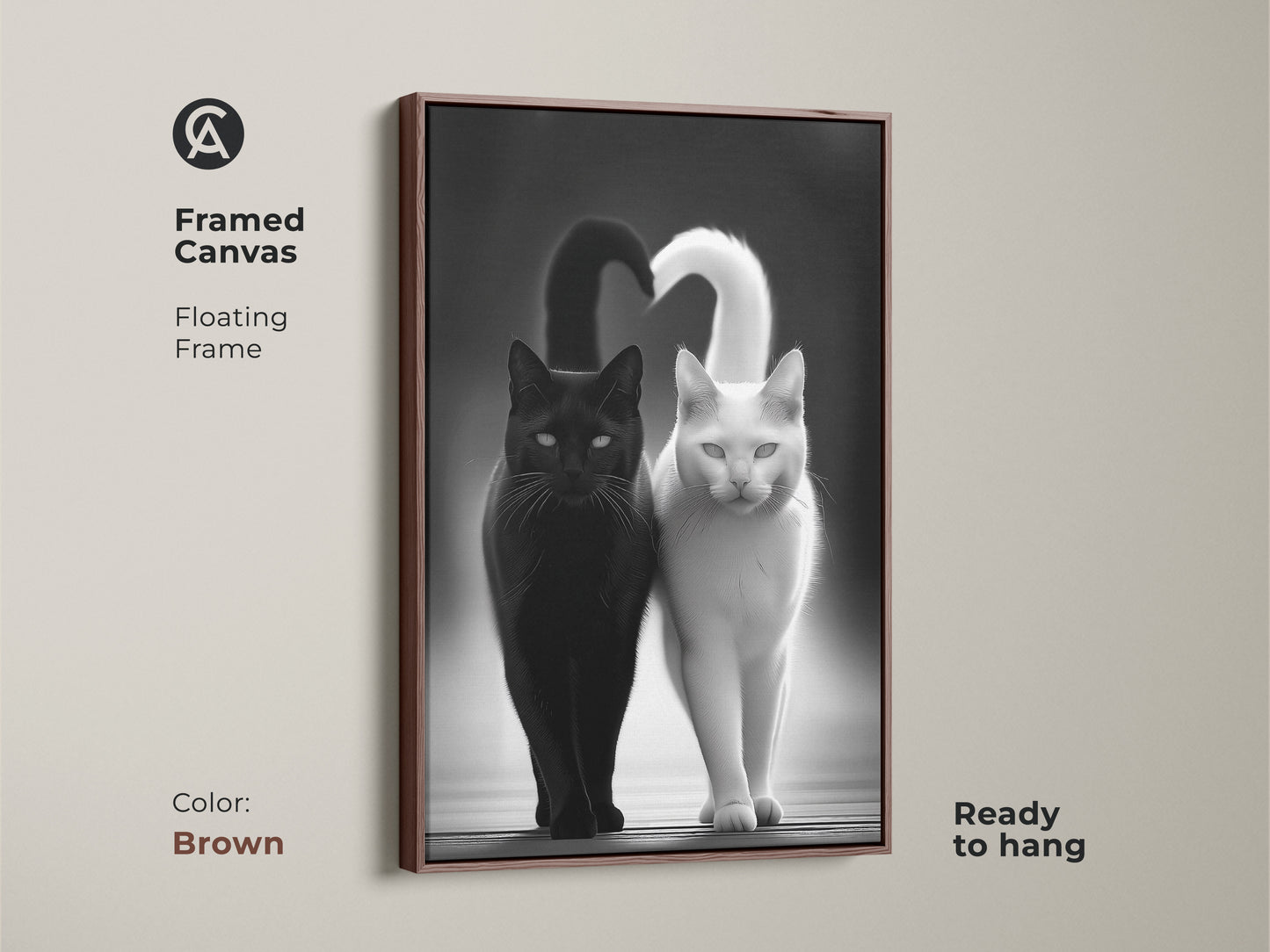 Framed Canvas with a floating frame in Black showcases a black and white cat art print. This modern animal artwork is ready to hang. The contemporary pet decor is a minimalist cat wall art. It's a perfect cat lover gift idea. The monochrome cats make a striking visual impact.