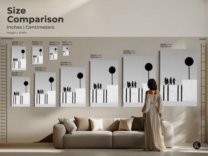 Size comparison of the modern abstract art piece in inches and centimeters. Various sizes available to fit any space. The monochrome canvas shows figures with a black sphere. A minimalist artwork to enhance home decor.