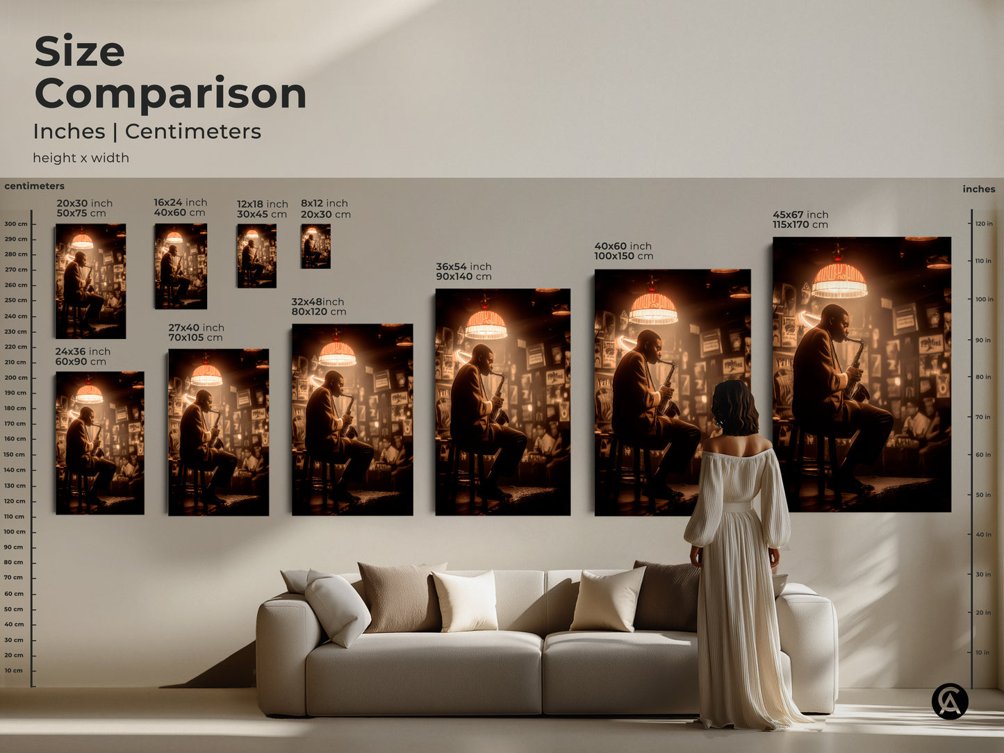 Size comparison of jazz musician art prints in inches and centimeters. Visualize the artwork in different sizes. It helps you choose the perfect piece for your space. The art brings the soulful sounds of jazz into your home decor.
