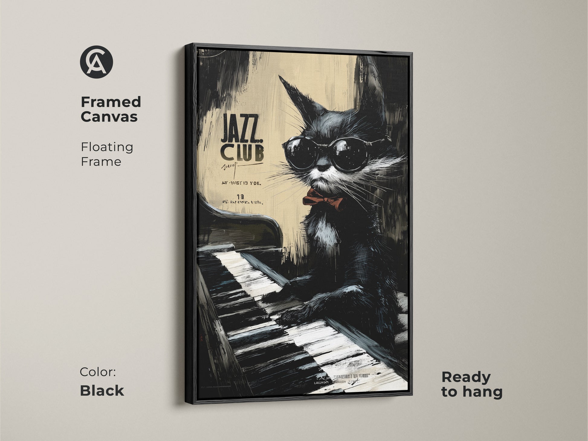 Framed canvas with a black floating frame. It shows a cool cat playing piano at a jazz club. This stylish artwork is ready to hang. Perfect for adding a musical touch to your space.