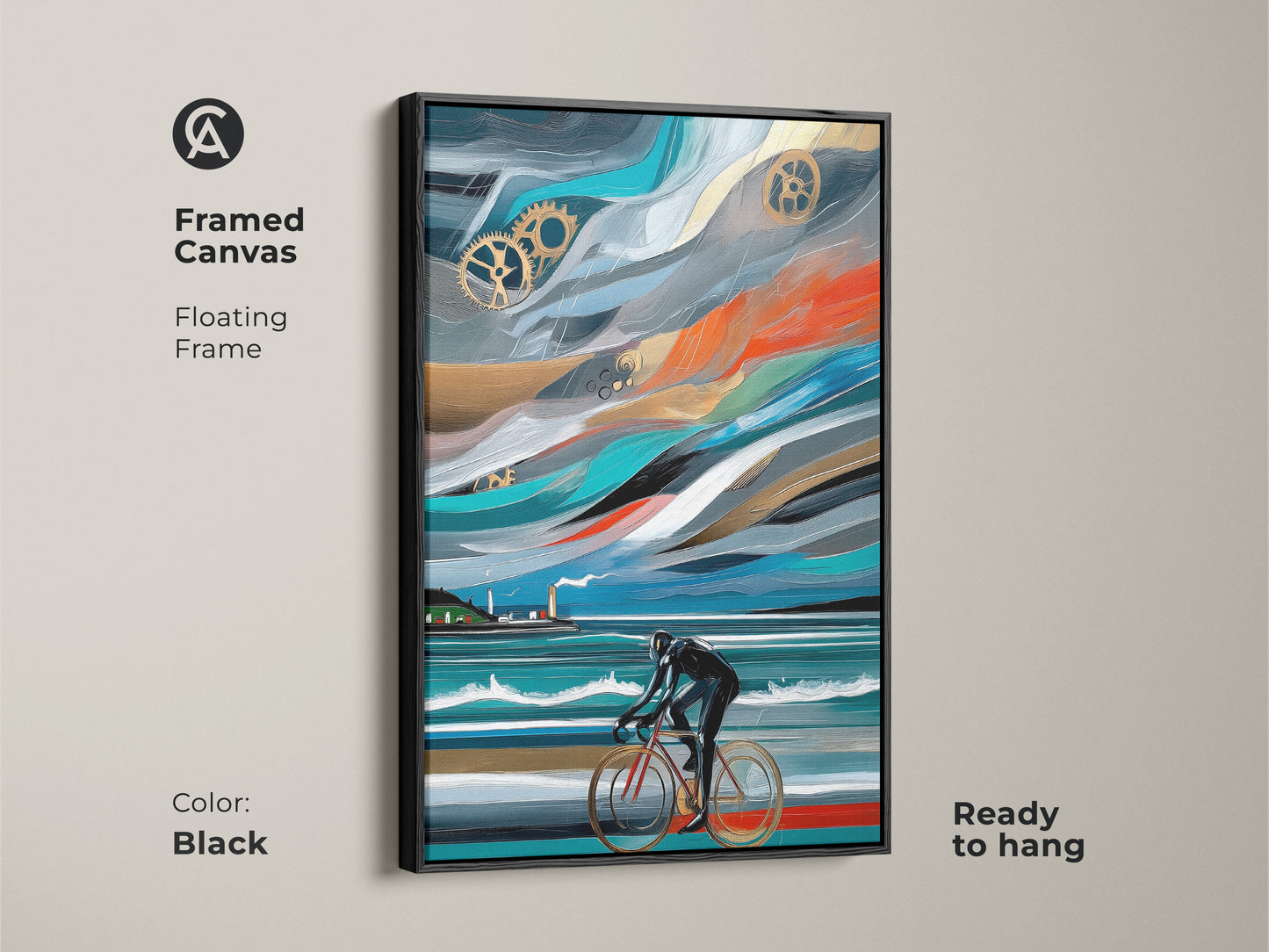 Framed canvas with floating frame in black. The abstract cyclist artwork has industrial gears. The canvas is ready to hang. The art features a cyclist in motion with blue orange and teal. It makes a great gift for sports art collectors.