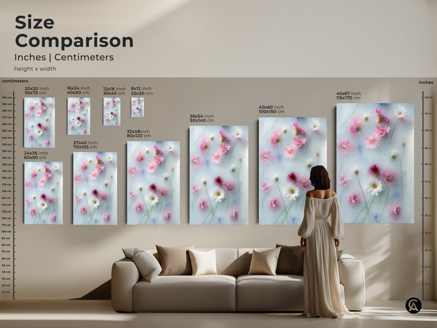 Size comparison of soft focus pink daisy and cosmos flowers botanical art prints. See how the artwork looks in various sizes from 20x30 cm to 45x67 inch. This dreamy pastel blue wall art enhances your living room. Perfect Scandinavian home decor.