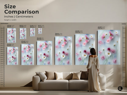 Size comparison of soft focus pink daisy and cosmos flowers botanical art prints. See how the artwork looks in various sizes from 20x30 cm to 45x67 inch. This dreamy pastel blue wall art enhances your living room. Perfect Scandinavian home decor.