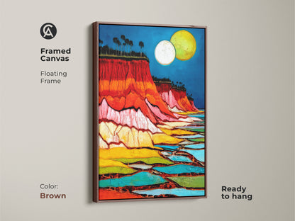 Framed abstract cliff art print featuring a moon over a landscape canvas. Ready to hang with a brown floating frame. The rich crimson and azure tones bring warmth. Its nature abstract style makes eclectic travel decor. Gift this unique housewarming present. It enhances any space with art.