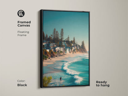 Black framed canvas art of a surfer walking into the ocean waves. The floating frame enhances the artwork's visual appeal. This ready-to-hang piece brings a serene coastal vibe to any space. Perfect for beach lovers and art collectors alike.