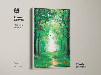 Framed canvas in white displaying the emerald green forest path art. Ready to hang this boho butterfly woodland wall decor turns any space into a peaceful nature landscape.