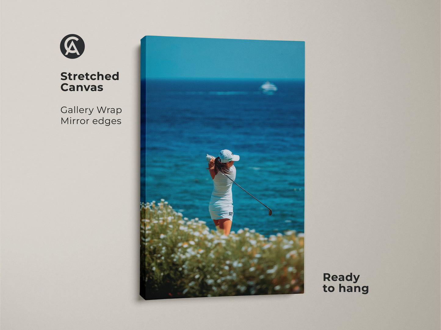 Golf art printed on stretched canvas. This gallery-wrapped canvas features a golfer swinging against a serene ocean backdrop. Mirror edges and ready-to-hang feature make it a stylish and convenient piece of wall decor.