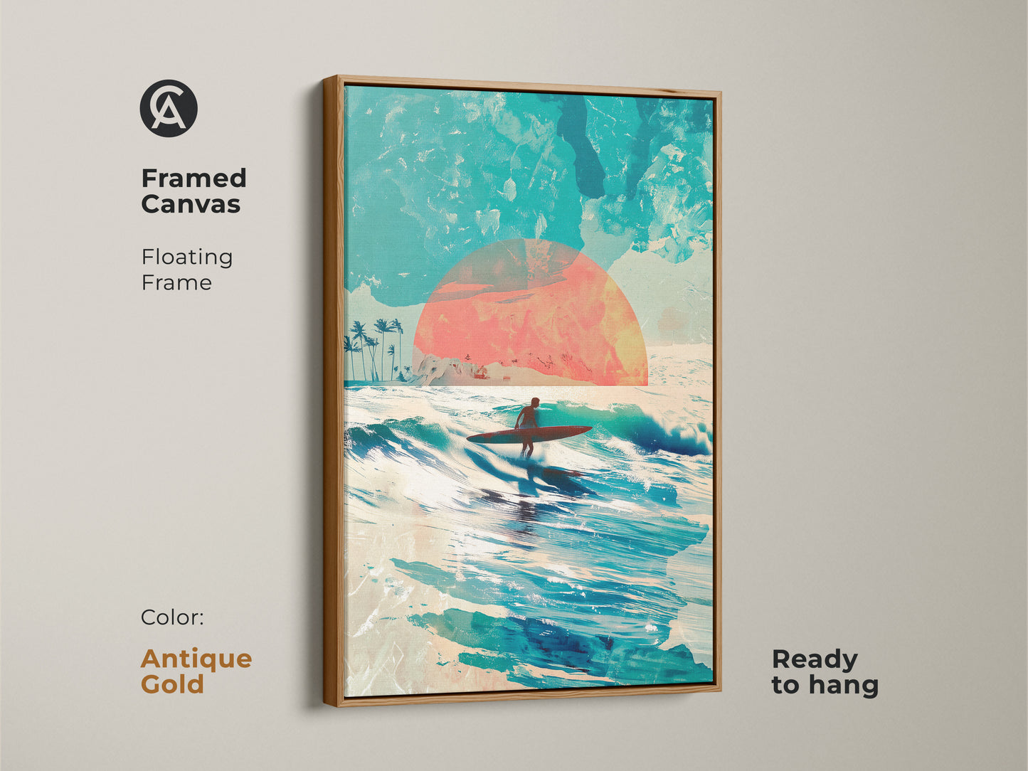 Framed canvas art in an antique gold floating frame. The art features a surfer riding a wave with a sunset backdrop. Ready to hang this canvas adds a touch of elegance to your wall decor. The gold frame enhances the ocean themed artwork.