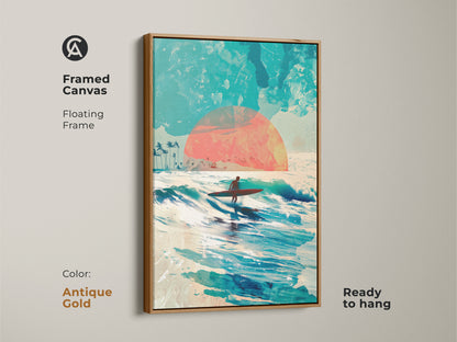 Framed canvas art in an antique gold floating frame. The art features a surfer riding a wave with a sunset backdrop. Ready to hang this canvas adds a touch of elegance to your wall decor. The gold frame enhances the ocean themed artwork.