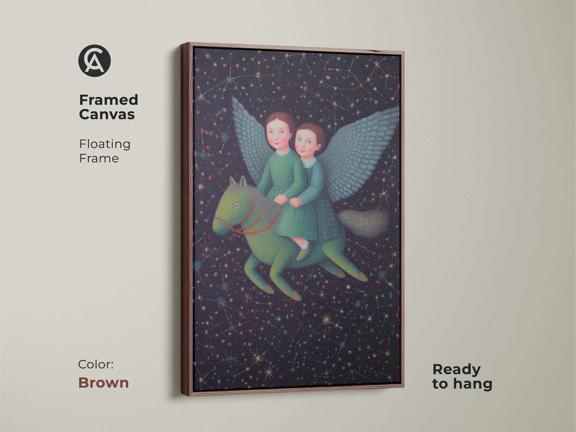 A framed canvas print featuring two girls riding a Pegasus in a starry sky. The floating frame has a warm brown finish. This celestial artwork adds a magical touch to a child's room or nursery. This print is ready to hang and enjoy.