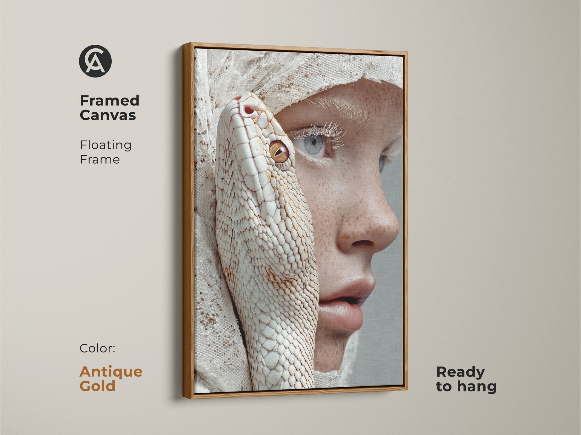 This framed canvas art features a floating frame with an antique gold color. This surreal portrait shows an albino snake intertwined with a freckled woman. The colors are peach beige and white. It is ready to hang and perfect for victorian gothic decor.