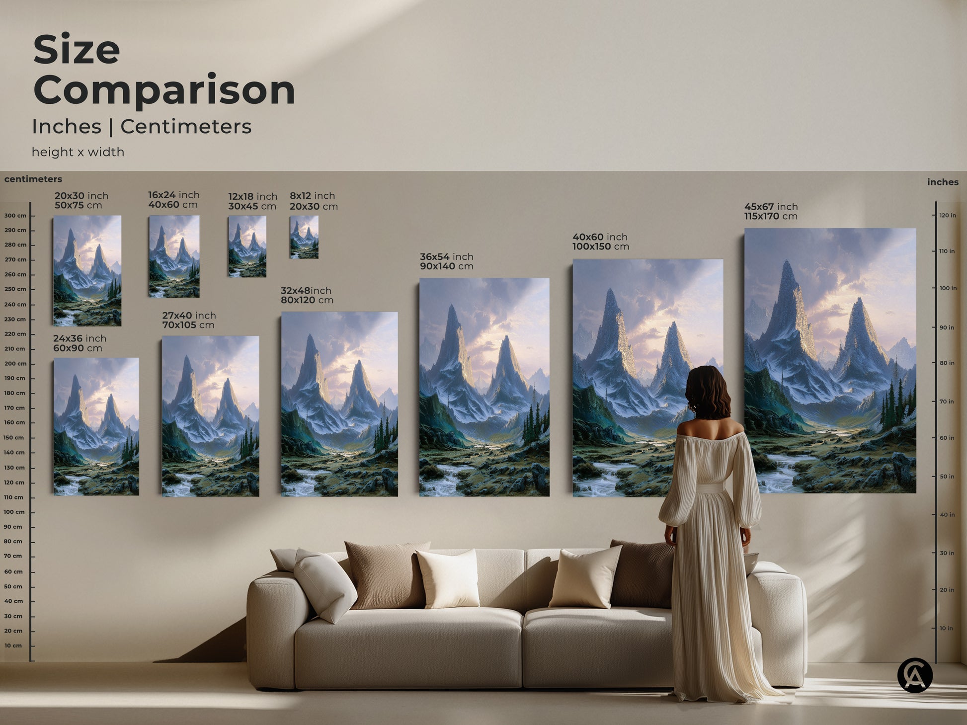 Size comparison showcasing mountain art prints in inches and centimeters. From small to large canvas options this wilderness landscape print fits any room. Perfect teal green blue art print for any home.