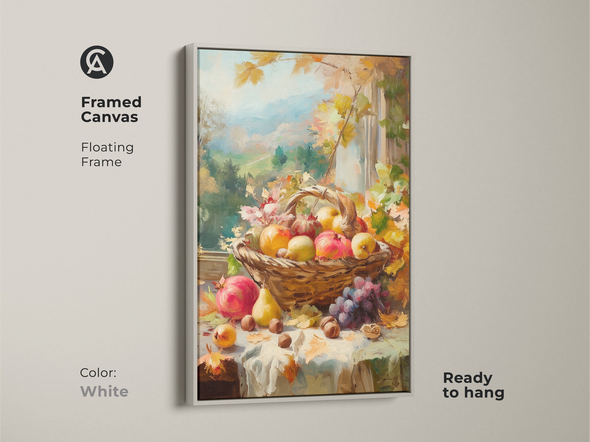 Framed canvas art print of a fruit basket still life. The oil painting includes apples pears grapes pomegranates & nuts. The white floating frame offers a clean modern look. Ready to hang for fall harvest art.