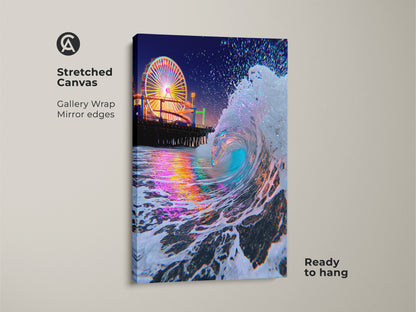 Stretched canvas art of ocean waves and a Ferris wheel at night. The gallery wrap has mirrored edges. Ready to hang this teal blue pink artwork instantly transforms your coastal wall decor.