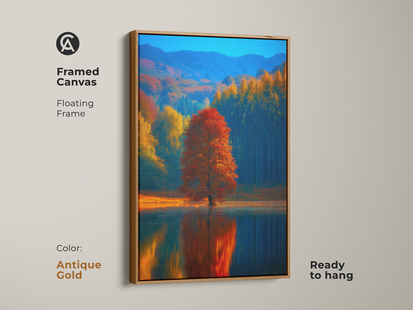 Framed canvas displaying an autumn lake landscape. A red tree reflection is the focal point. This impressionistic fall nature artwork is a cozy decor art piece. An antique gold floating frame adds sophistication. Ideal as a housewarming gift for art lovers.