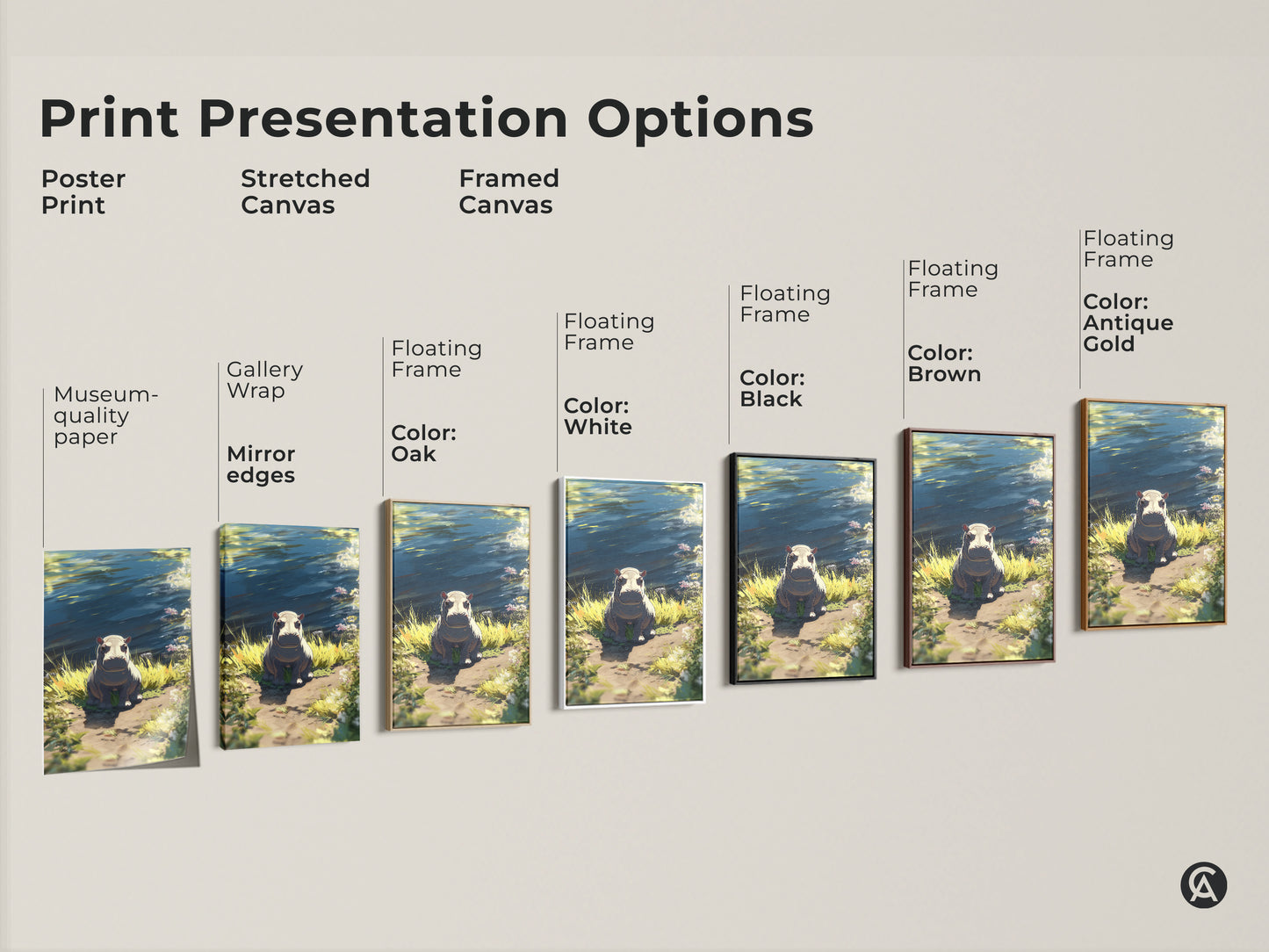 Explore print presentation options for this baby hippo artwork. Choose from poster print stretched canvas or framed canvas. Select a floating frame in oak black brown antique gold or white. Find the perfect style.