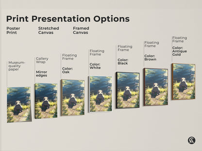 Explore print presentation options for this baby hippo artwork. Choose from poster print stretched canvas or framed canvas. Select a floating frame in oak black brown antique gold or white. Find the perfect style.