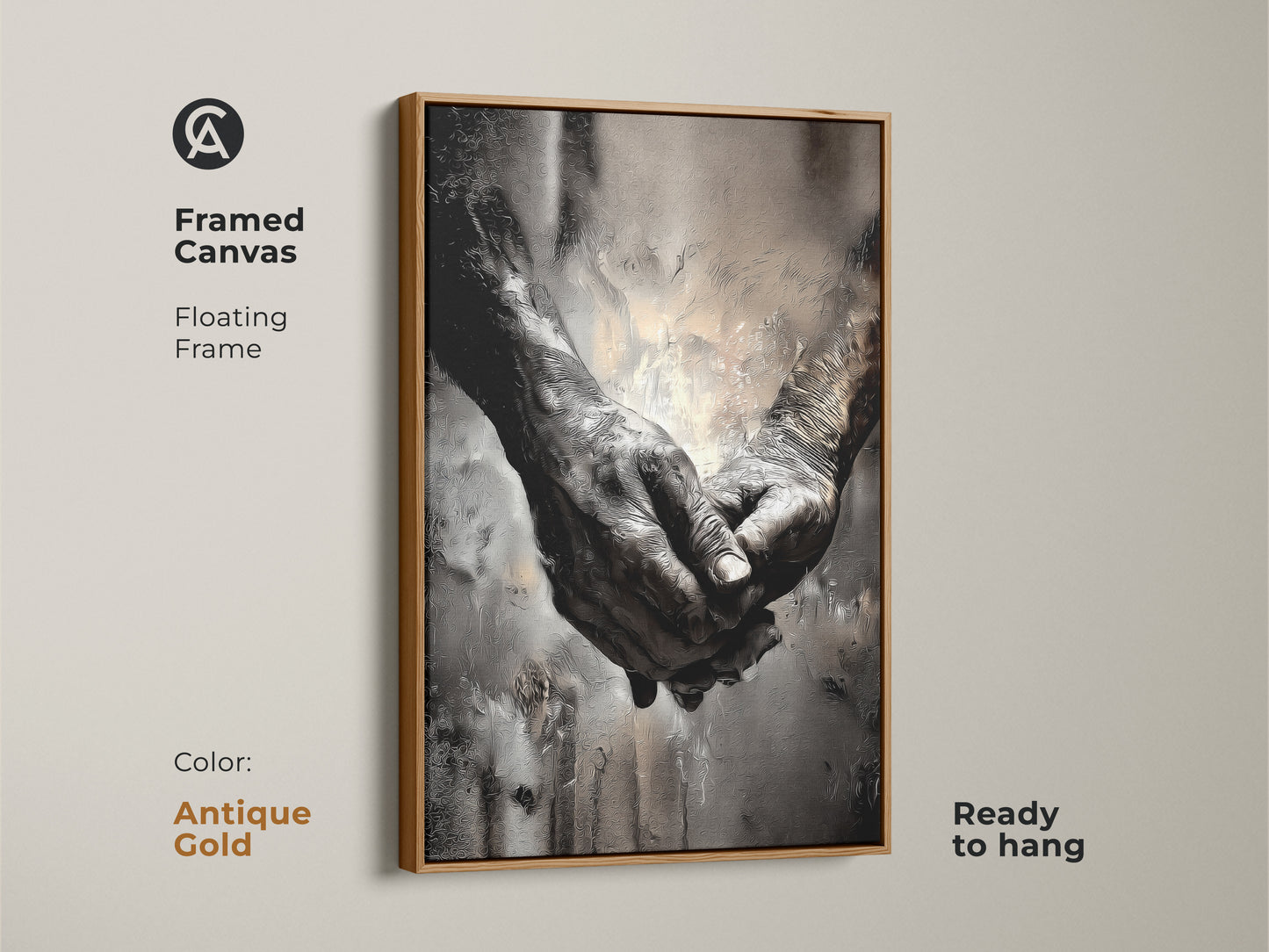 Antique gold framed canvas with monochrome elderly hands. Expressive artwork symbolizing human connection and empathy. A perfect anniversary gift or bedroom wall decor. Black and gray.