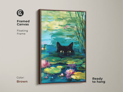 Brown framed canvas featuring a black cat in a pond. This floating framed art piece is ready to hang. The artwork showcases a cat surrounded by water lilies. This wall art adds a touch of warmth to your decor.