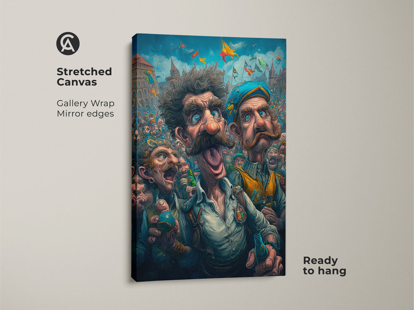 Stretched canvas artwork showcasing a vibrant festival scene. Three men with exaggerated features stand out in the foreground. The gallery wrap and mirror edges enhance the artwork. Its ready to hang format makes it a convenient addition to any art collection.