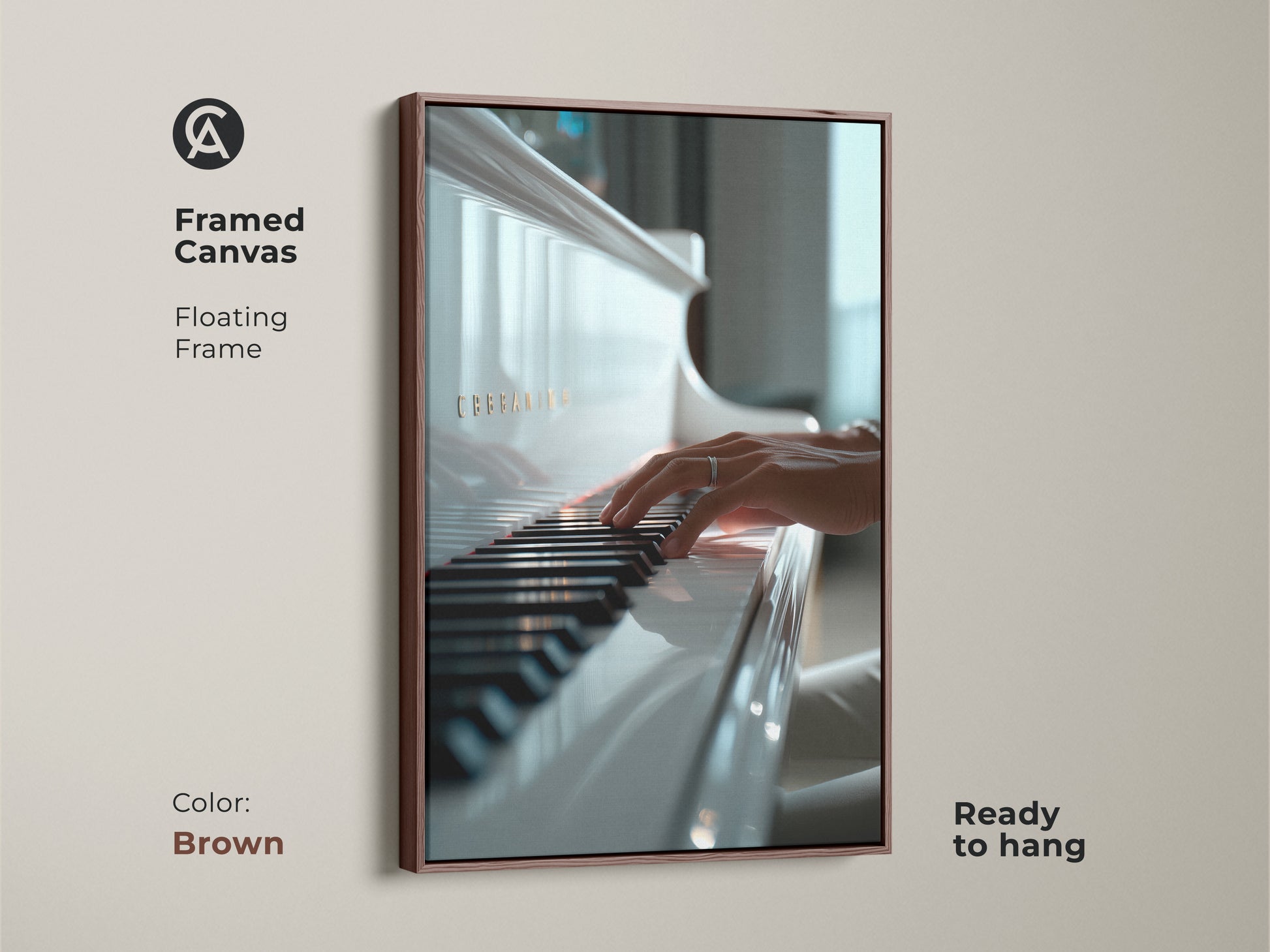 Framed canvas featuring a poised hand on piano keys. The floating frame is brown and ready to hang. Elevate your home with this elegant music artwork. This art piece is perfect for music lovers.