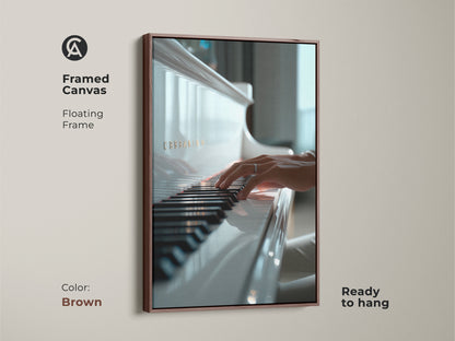 Framed canvas featuring a poised hand on piano keys. The floating frame is brown and ready to hang. Elevate your home with this elegant music artwork. This art piece is perfect for music lovers.