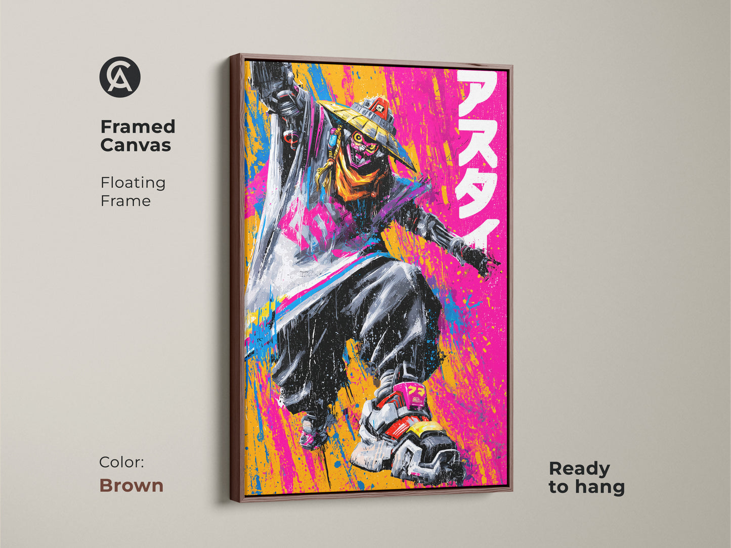 Framed canvas artwork with a floating frame in brown. It features a figure in a straw hat ready to hang. The art's bold colors and dynamic artwork are perfect for adding a modern touch to your space.