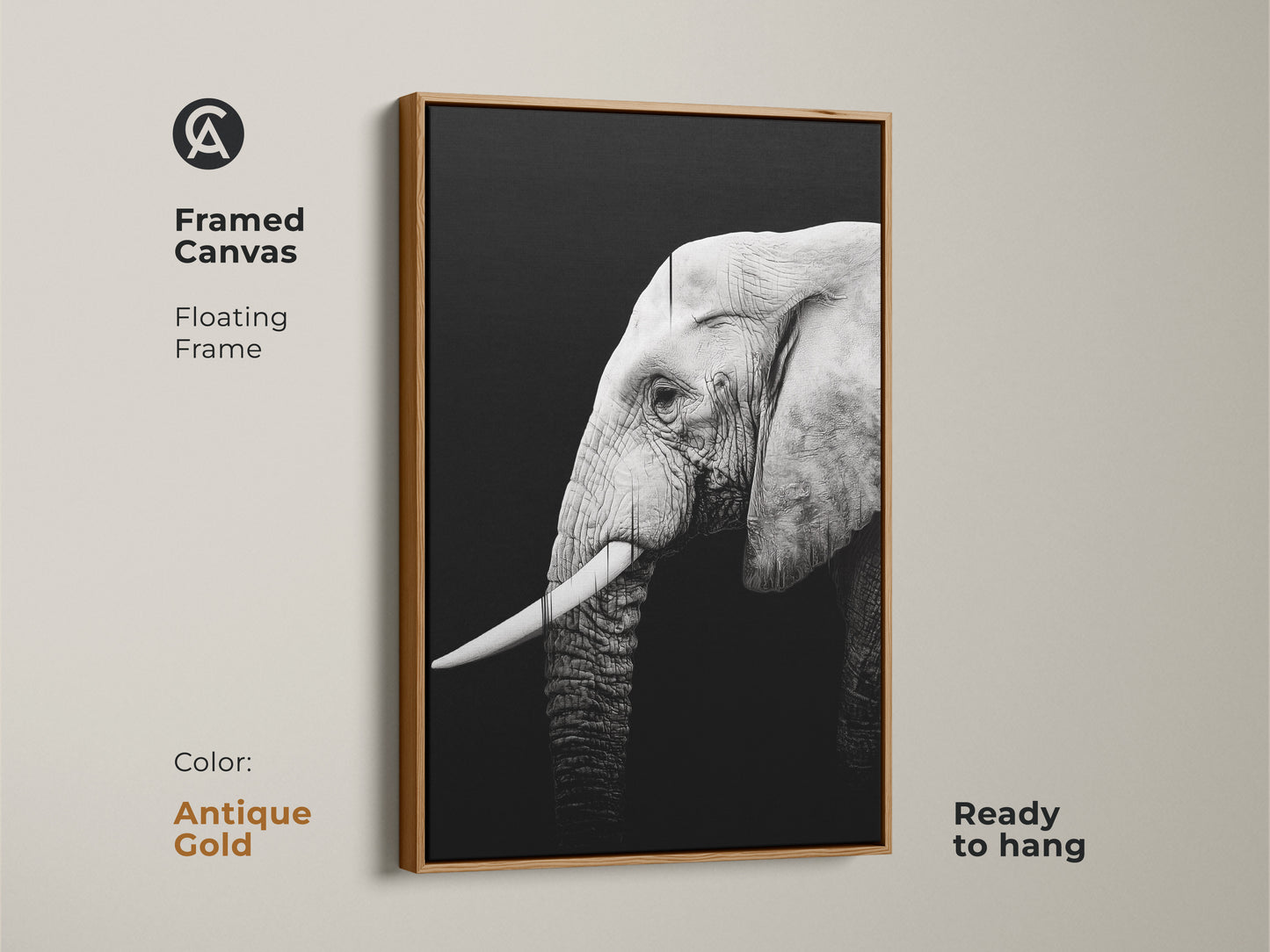 Framed canvas with an antique gold floating frame showcases a monochrome elephant. This contemporary animal artwork is ready to hang. It is ideal for adding a safari theme to your home.