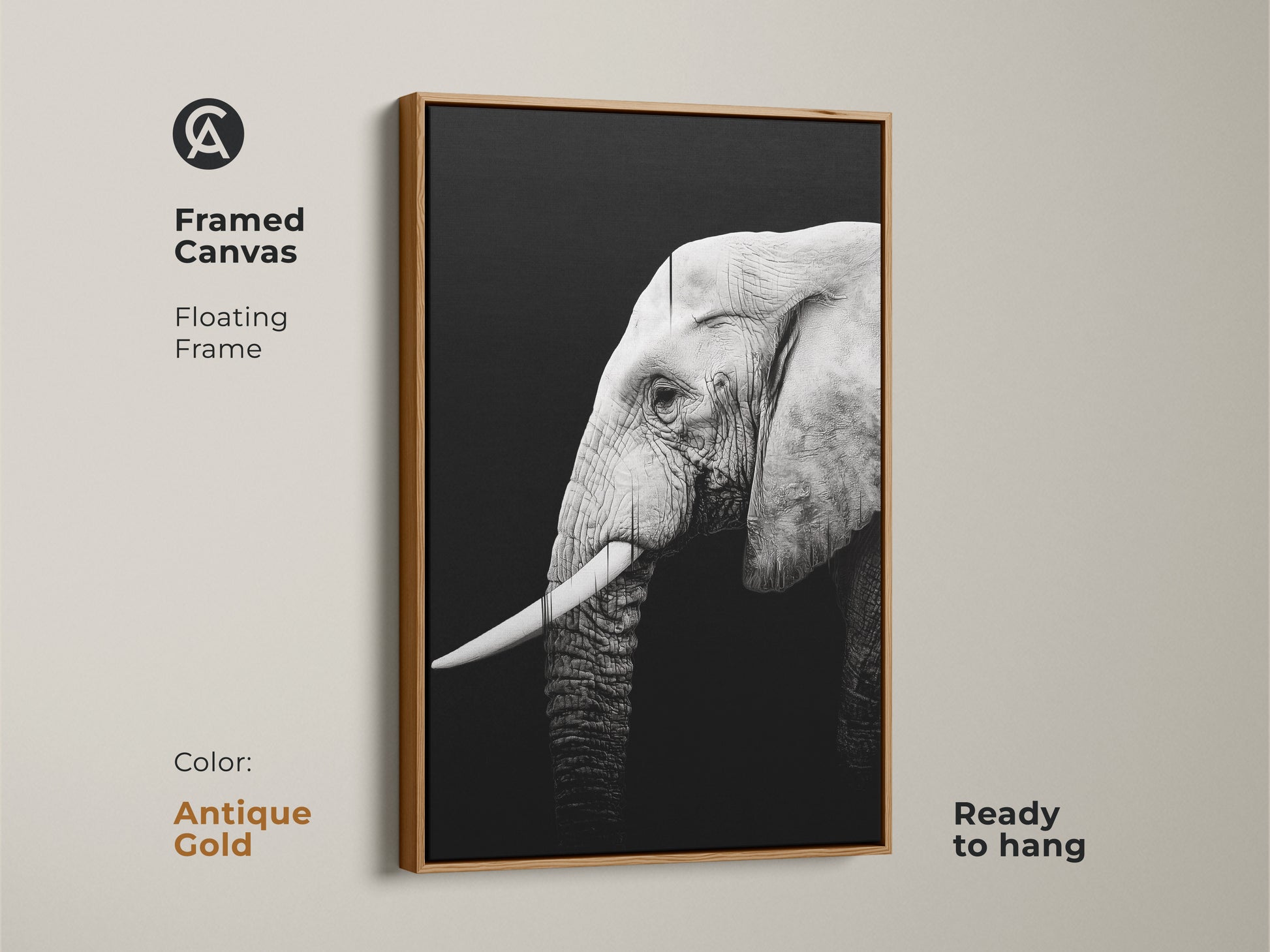 Framed canvas with an antique gold floating frame showcases a monochrome elephant. This contemporary animal artwork is ready to hang. It is ideal for adding a safari theme to your home.