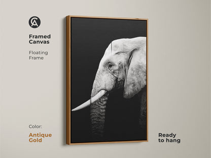 Framed canvas with an antique gold floating frame showcases a monochrome elephant. This contemporary animal artwork is ready to hang. It is ideal for adding a safari theme to your home.