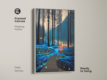 Surreal forest art presented on framed canvas with a clean white floating frame. The fantasy nature scene showcases a glowing teal and orange path. Enhance your home office wall decor today.