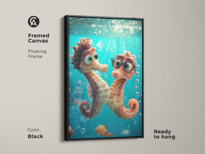 Black framed canvas art featuring seahorse and clownfish. The kids room ocean wall art is ready to hang. A delightful aqua and orange underwater print. This cartoon sea life decor brings a playful touch to any kids room. It is a thoughtful gift for a child.